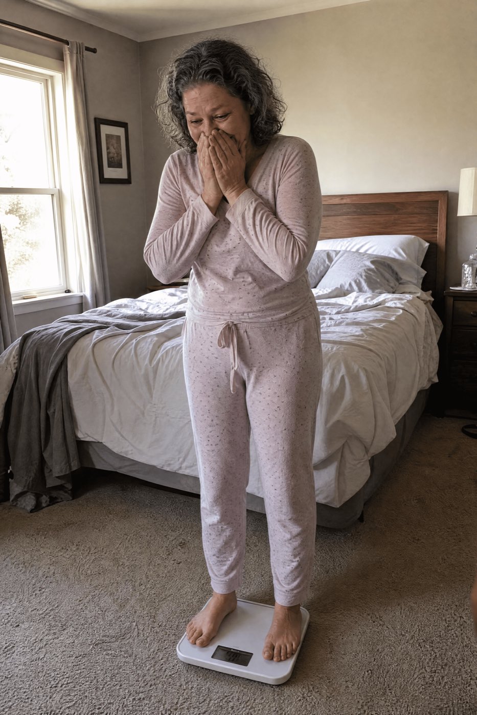 A woman ~54 in pyjamas in a sunlit bedroom, looking down at a pair of bathroom scales with both hands over her mouth in genuine, emotional surprise — eyes wide, almost teary, happy. Soft morning light through the window.