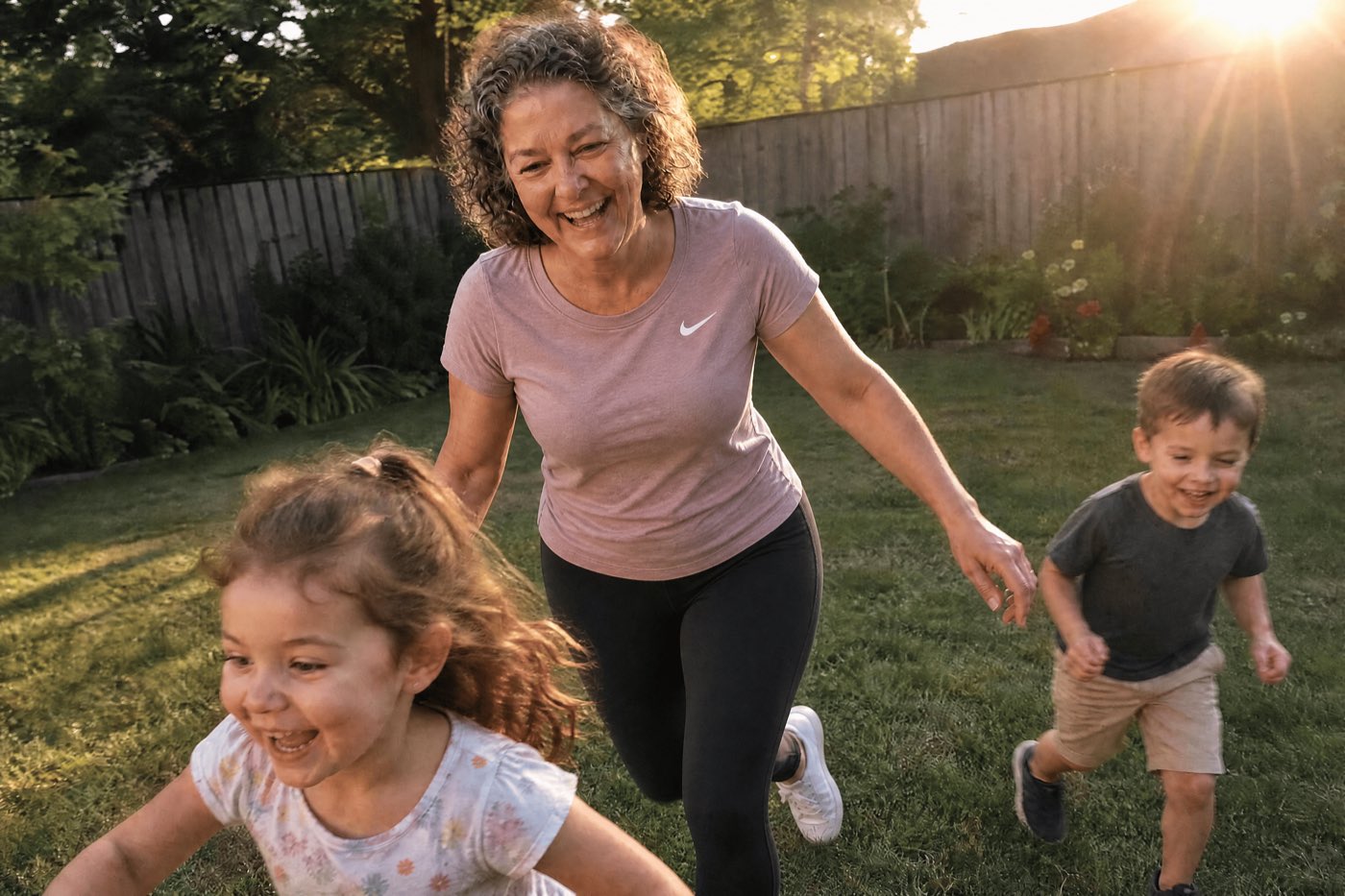 A slim, joyful woman ~54 laughing outdoors in a sunny back garden, mid-motion playing and chasing two young grandchildren on a green lawn. Bright, warm, golden-hour light. She wears fitted normal clothes and looks vibrant and free.